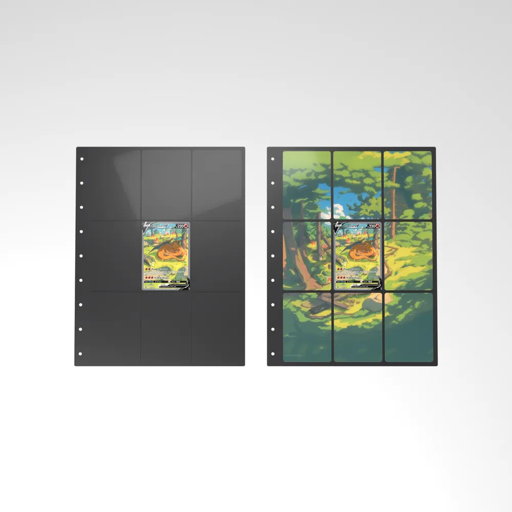 Before and after: the Charizard V card alone in an empty binder page, then surrounded by its eight extended-art cards
