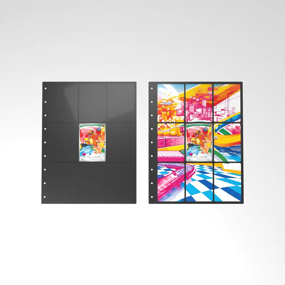 Before and after: the Charmander card alone in an empty binder page, then surrounded by its eight extended-art cards