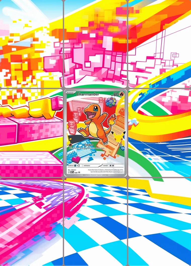 Charmander 38 extended binder art: the card in the centre of a 3×3 binder page, its artwork continuing across the eight cards around it