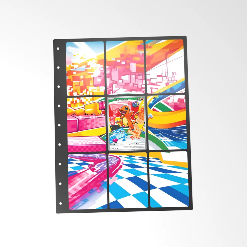 The printed Charmander 38 set in a 9-pocket binder page, with the card in the centre pocket
