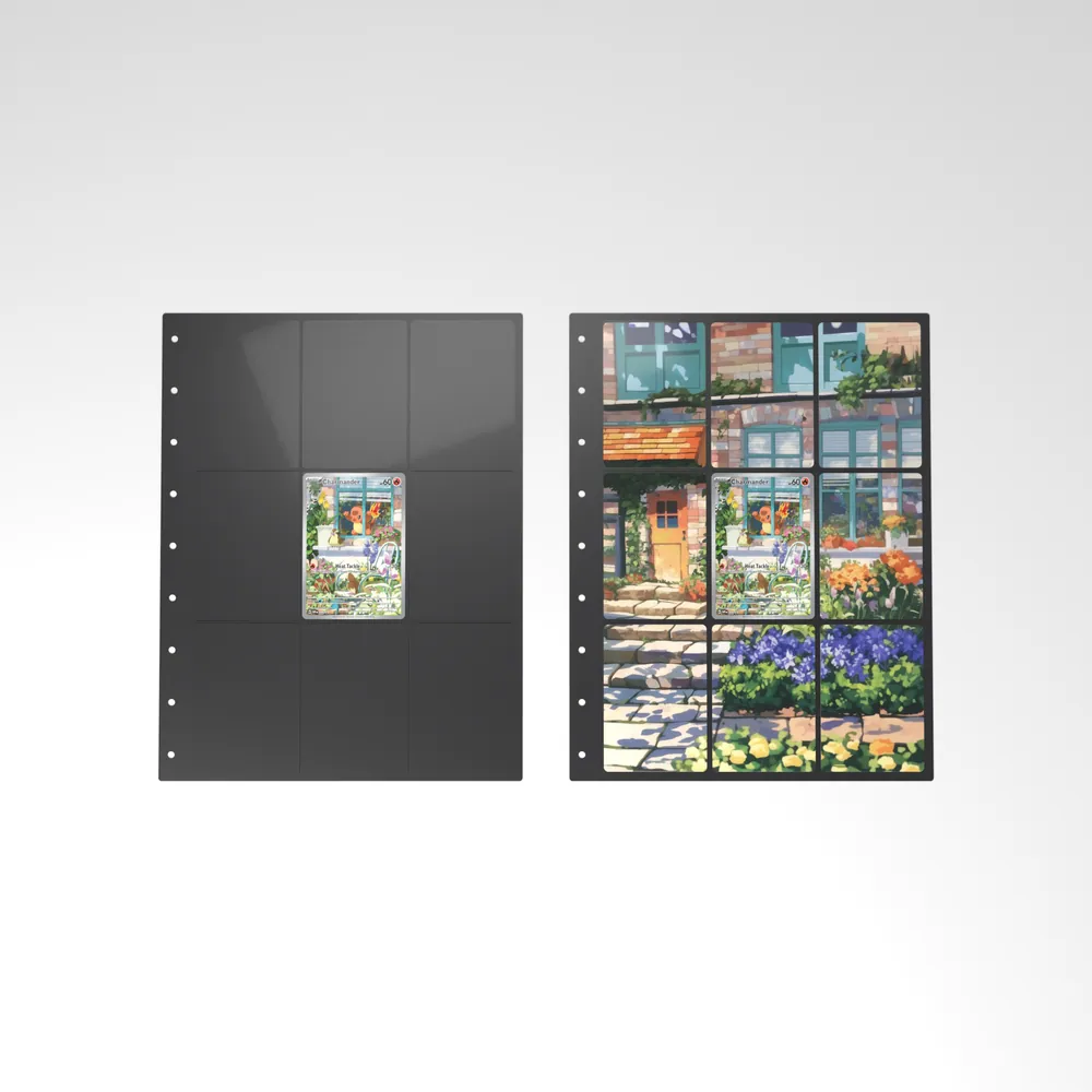 Before and after: the Charmander card alone in an empty binder page, then surrounded by its eight extended-art cards