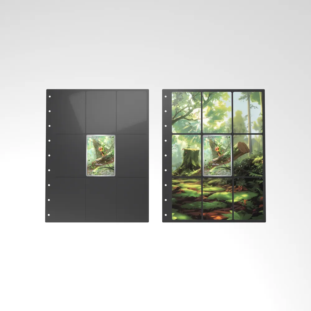 Before and after: a Chespin card alone in a 9-pocket binder page, then surrounded by eight extended-art cards