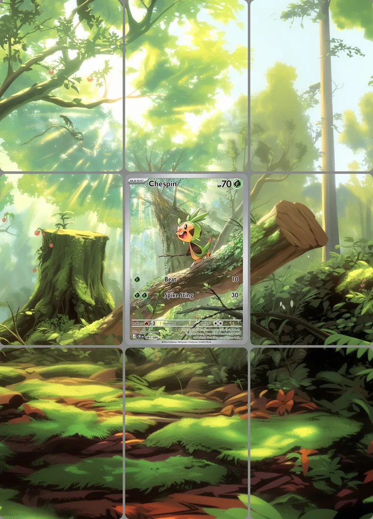 Chespin 87/86 extended binder art: the card in the centre of a 3×3 binder page, its artwork continuing across the eight cards around it