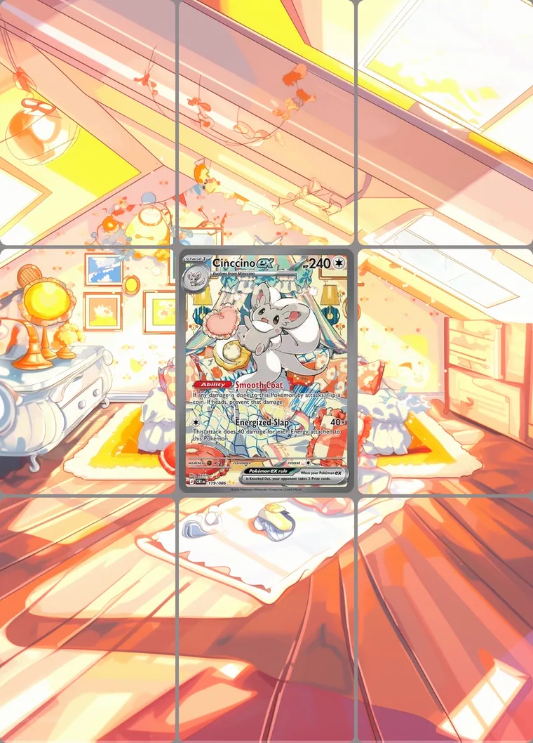 Cinccino ex 119/86 extended binder art: the card in the centre of a 3×3 binder page, its artwork continuing across the eight cards around it