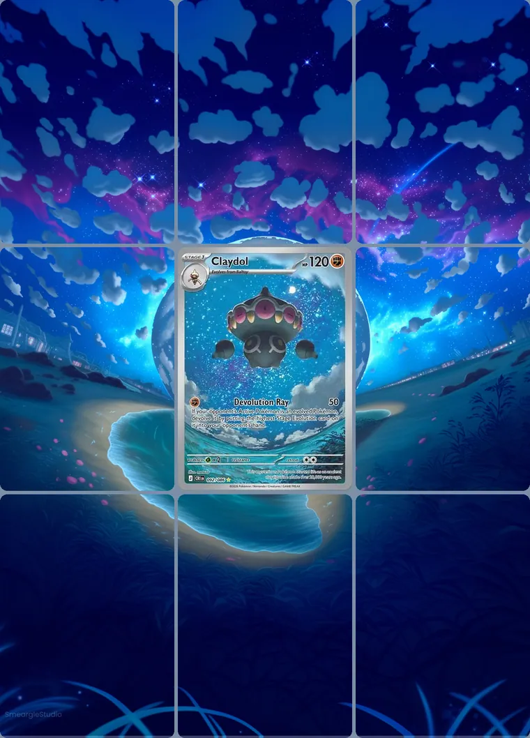 Claydol 92/86 extended binder art: the card in the centre of a 3×3 binder page, its artwork continuing across the eight cards around it