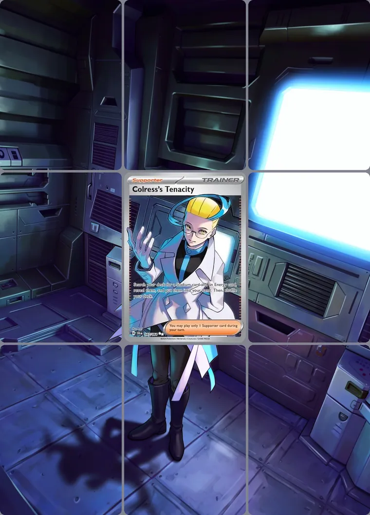 Colress's Tenacity 87/64 extended binder art: the card in the centre of a 3×3 binder page, its artwork continuing across the eight cards around it