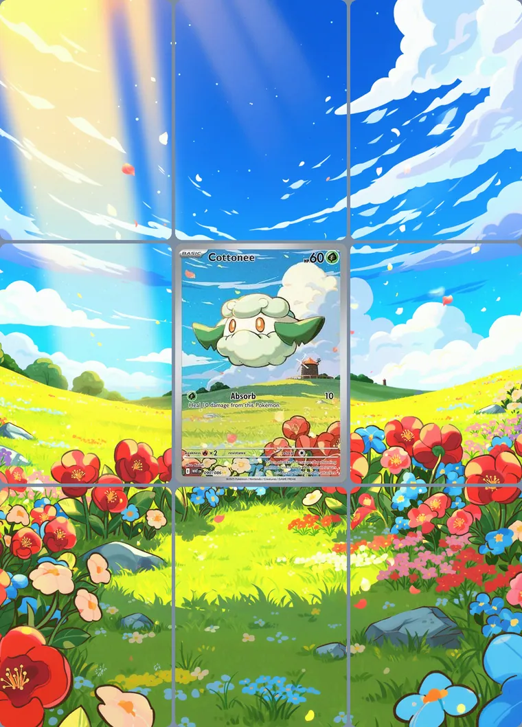 Cottonee 90/86 extended binder art: the card in the centre of a 3×3 binder page, its artwork continuing across the eight cards around it