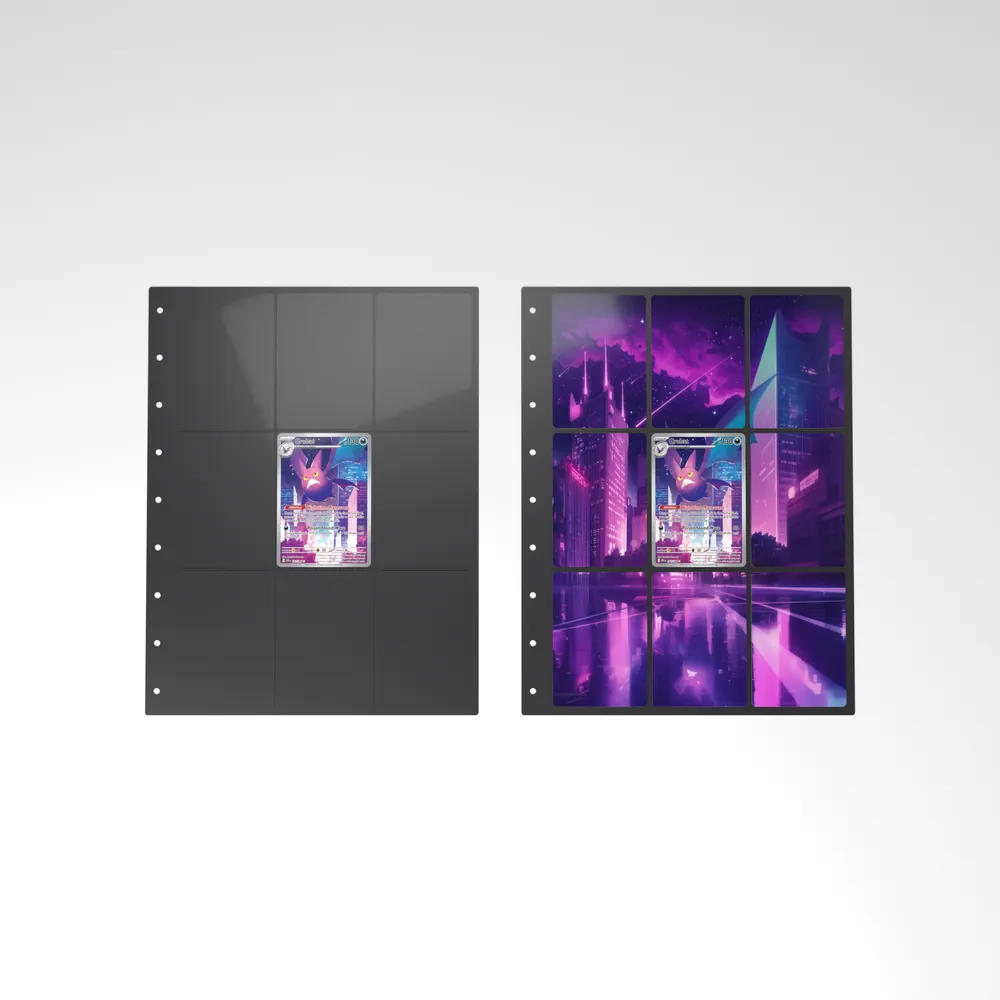 Before and after: the Crobat card alone in an empty binder page, then surrounded by its eight extended-art cards
