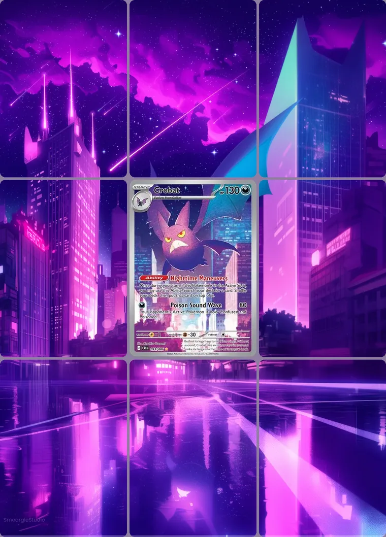 Crobat 93/86 extended binder art: the card in the centre of a 3×3 binder page, its artwork continuing across the eight cards around it