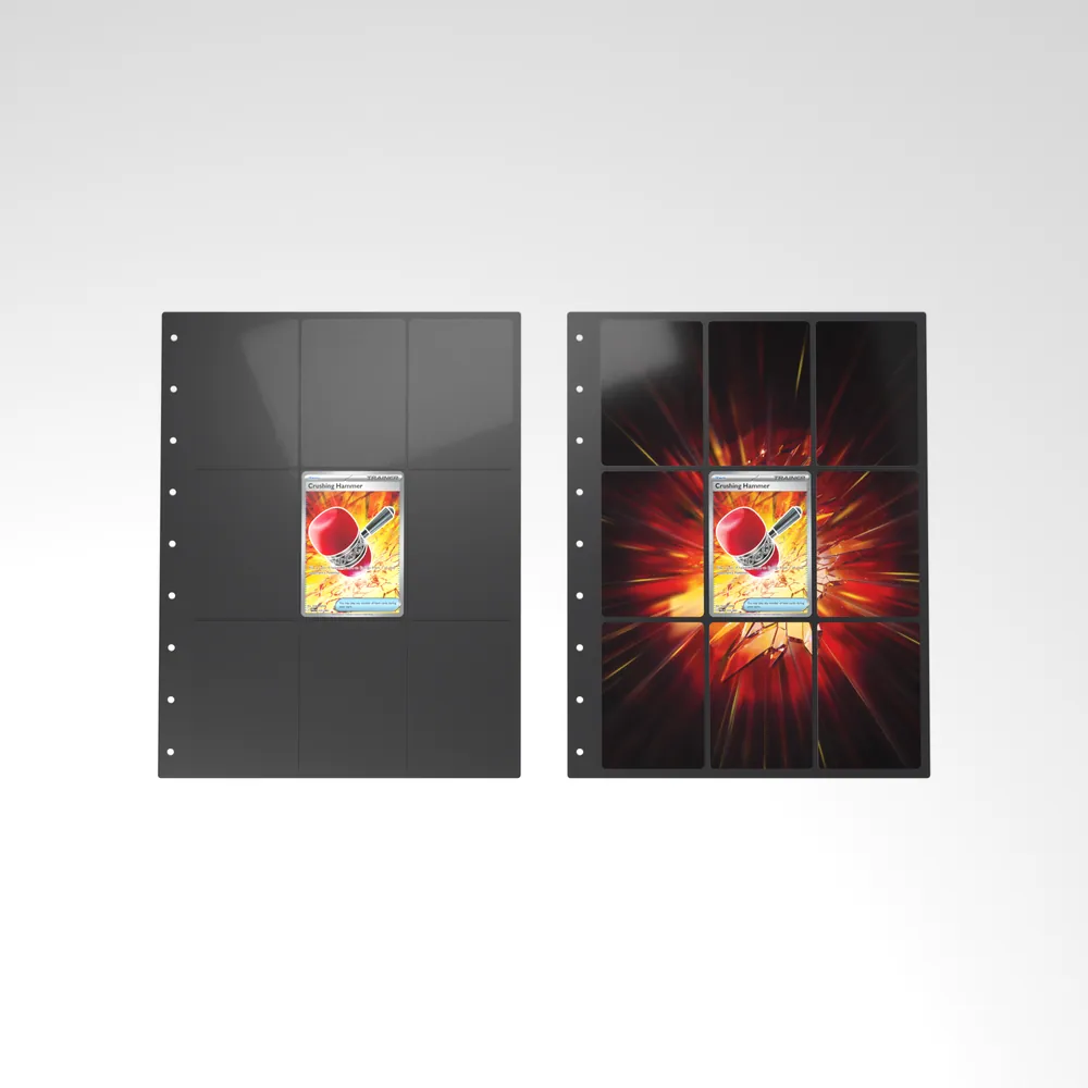 Before and after: the Crushing Hammer card alone in an empty binder page, then surrounded by its eight extended-art cards