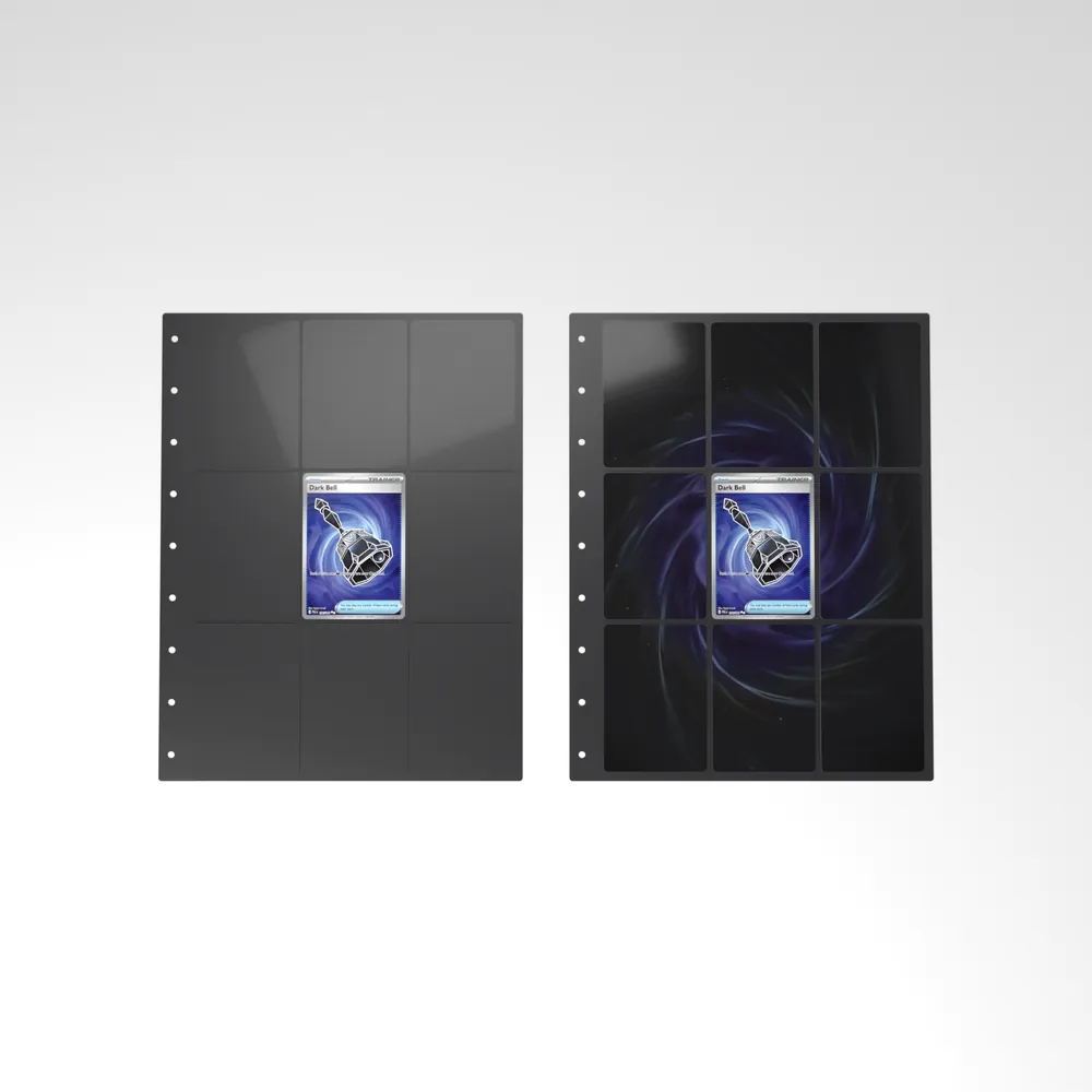 Before and after: the Dark Bell card alone in an empty binder page, then surrounded by its eight extended-art cards