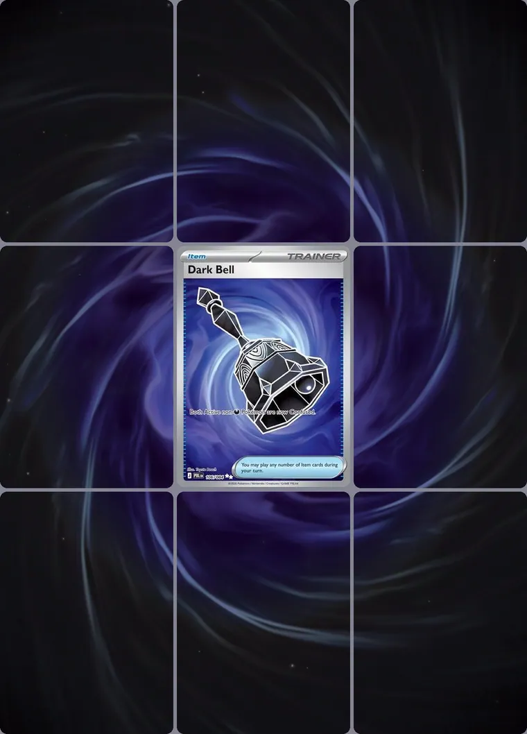 Dark Bell 106 extended binder art: the card in the centre of a 3×3 binder page, its artwork continuing across the eight cards around it