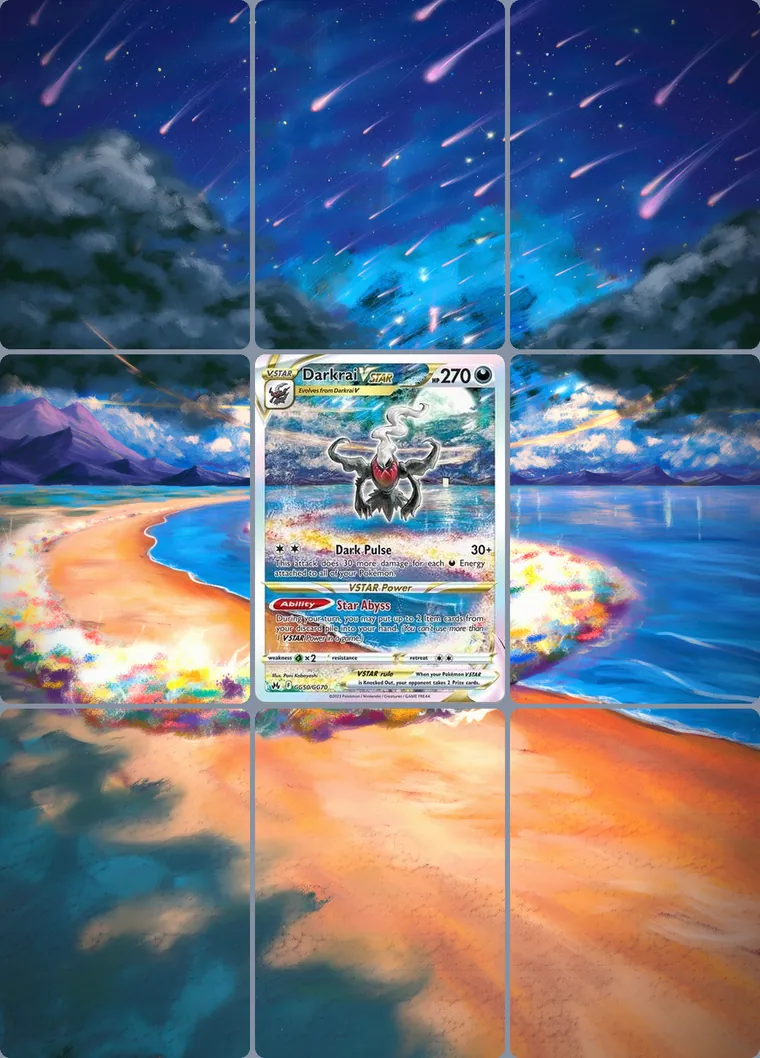 Darkrai VSTAR GG50/GG70 extended binder art: the card in the centre of a 3×3 binder page, its artwork continuing across the eight cards around it