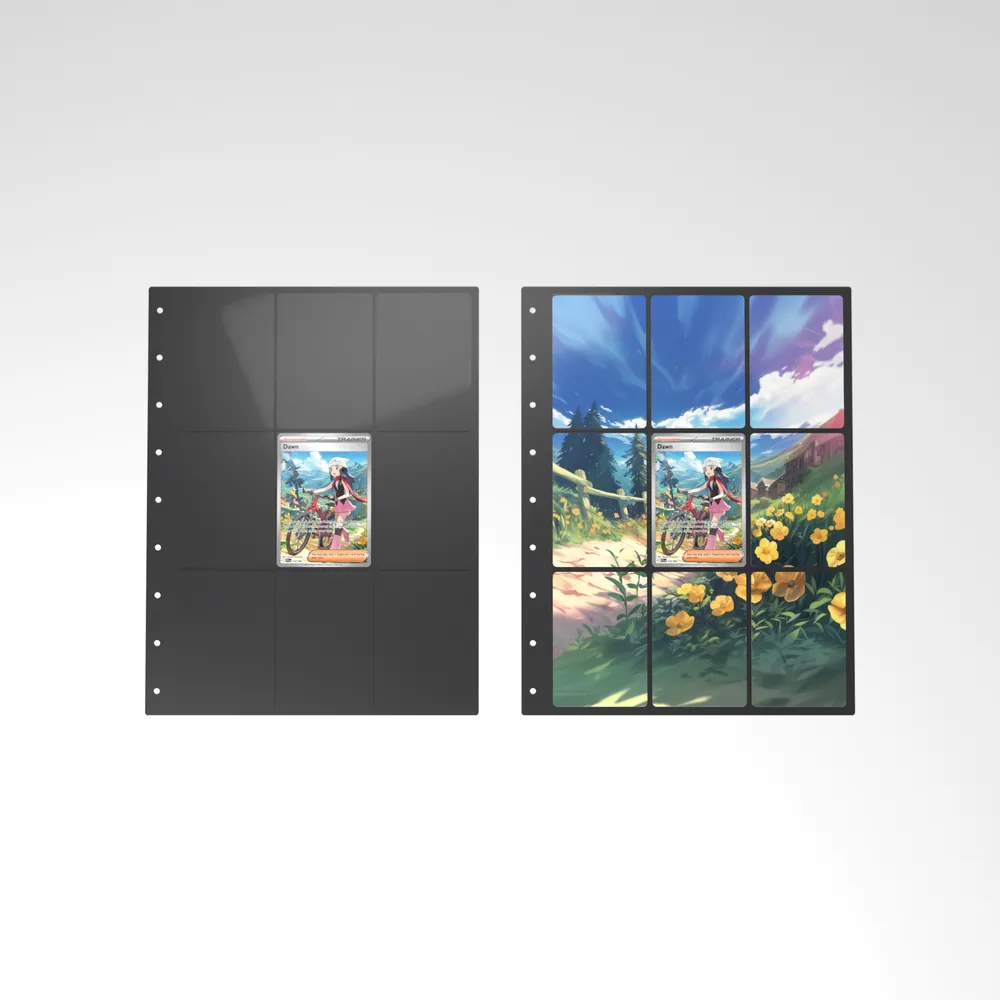 Before and after: the Dawn card alone in an empty binder page, then surrounded by its eight extended-art cards
