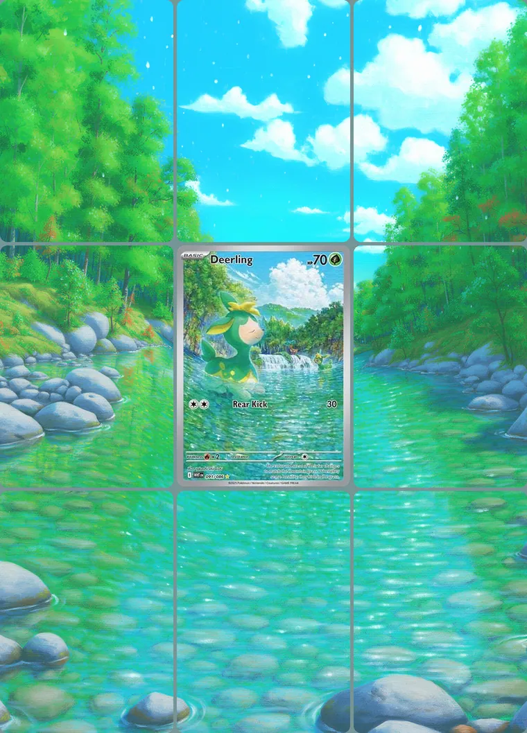 Deerling 91/86 extended binder art: the card in the centre of a 3×3 binder page, its artwork continuing across the eight cards around it