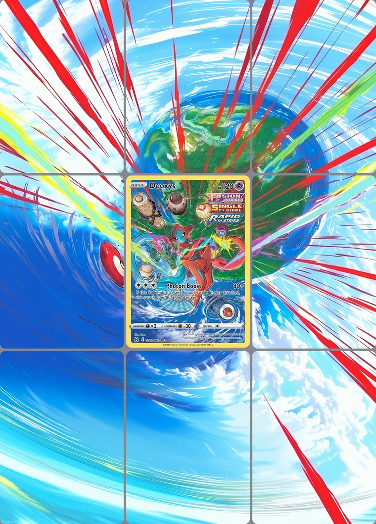 Deoxys GG12/GG70 extended binder art: the card in the centre of a 3×3 binder page, its artwork continuing across the eight cards around it