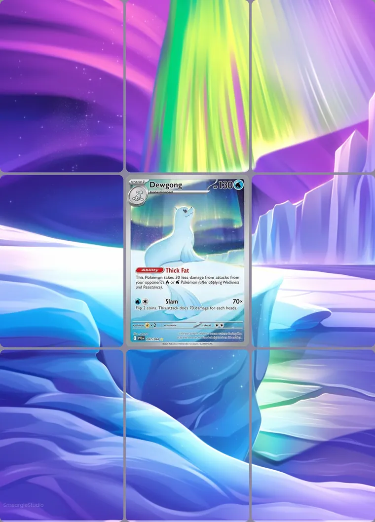 Dewgong 97/94 extended binder art: the card in the centre of a 3×3 binder page, its artwork continuing across the eight cards around it