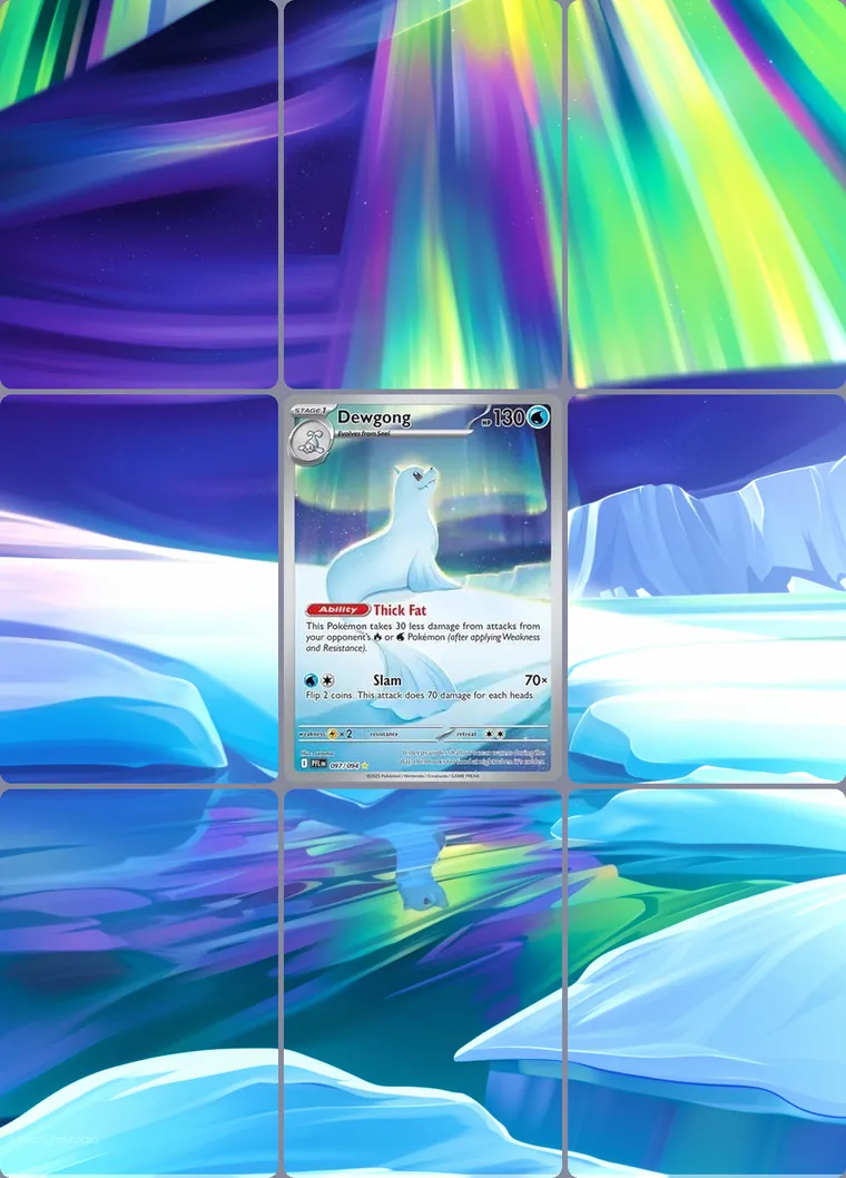 Dewgong 97/94 extended binder art: the card in the centre of a 3×3 binder page, its artwork continuing across the eight cards around it