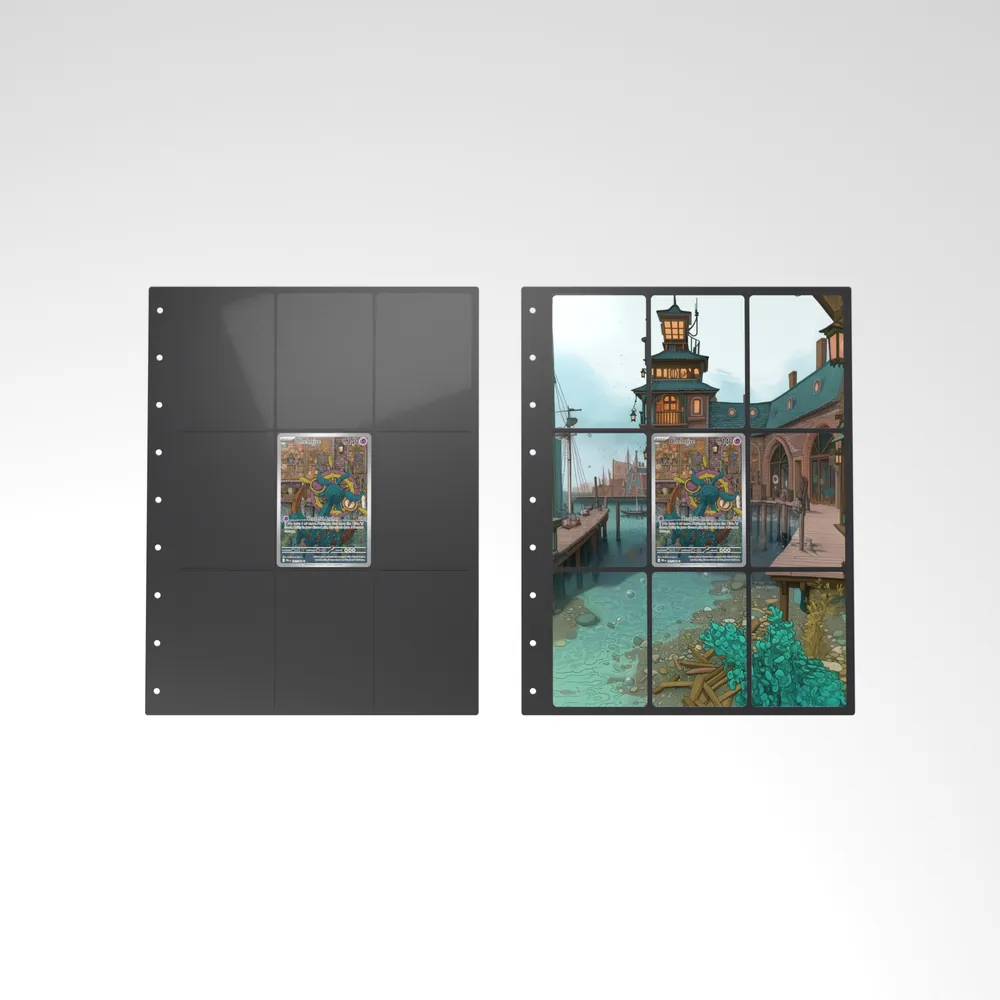 Before and after: the Dhelmise card alone in an empty binder page, then surrounded by its eight extended-art cards