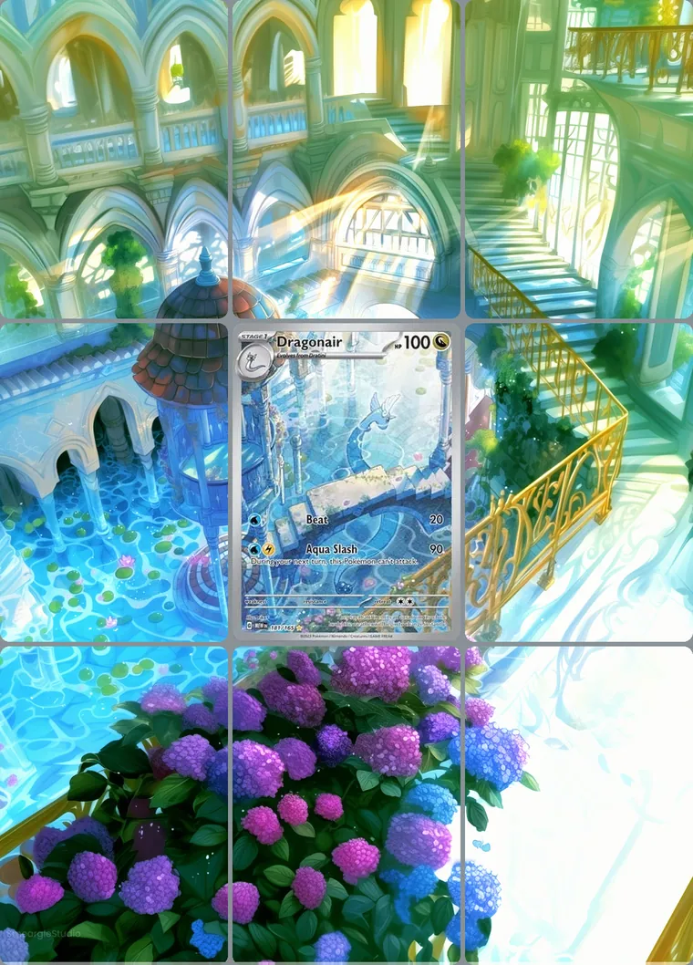 Dragonair 181/165 extended binder art: the card in the centre of a 3×3 binder page, its artwork continuing across the eight cards around it