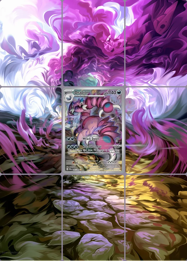 Drapion 97/88 extended binder art: the card in the centre of a 3×3 binder page, its artwork continuing across the eight cards around it