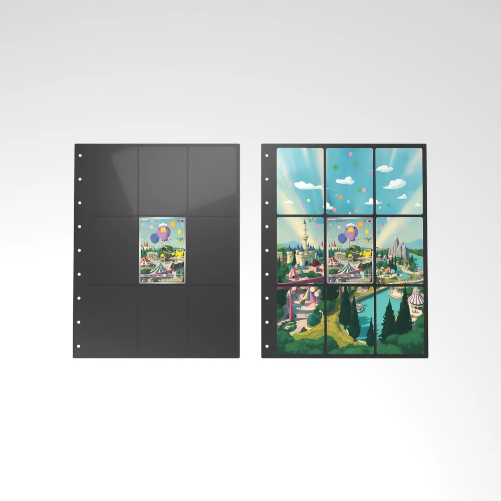 Before and after: the Drifloon card alone in an empty binder page, then surrounded by its eight extended-art cards