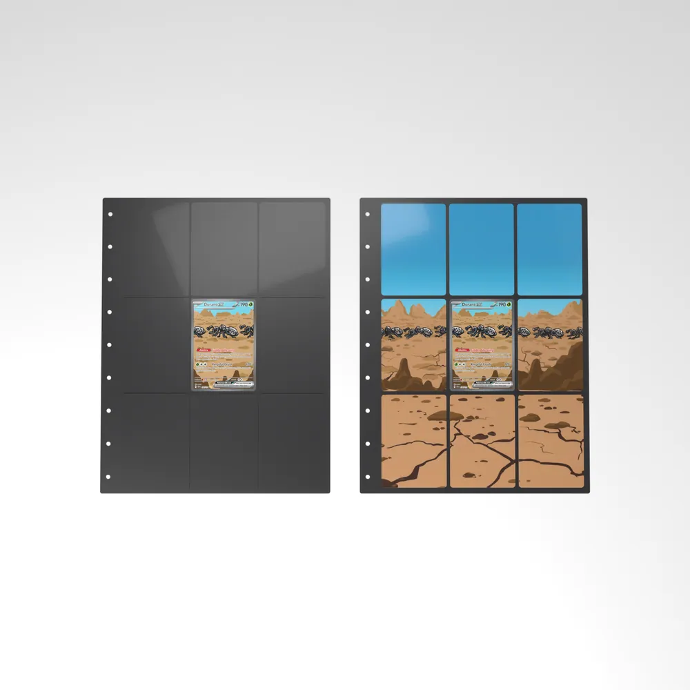 Before and after: the Durant ex card alone in an empty binder page, then surrounded by its eight extended-art cards