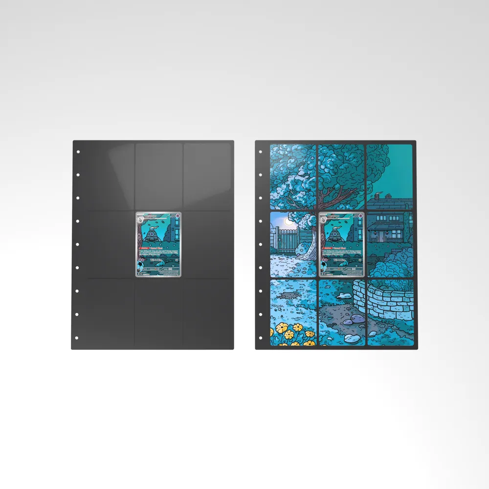 Before and after: the Dusclops card alone in an empty binder page, then surrounded by its eight extended-art cards