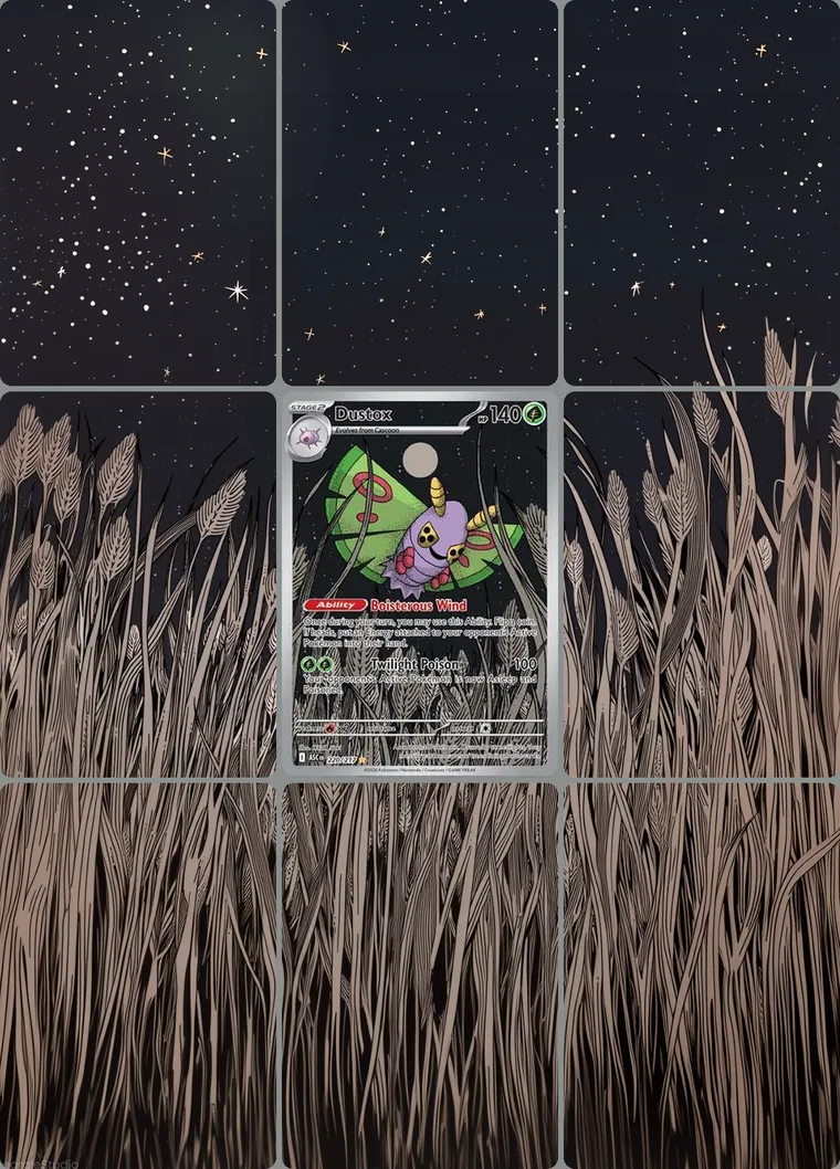 Dustox 220/217 extended binder art: the card in the centre of a 3×3 binder page, its artwork continuing across the eight cards around it