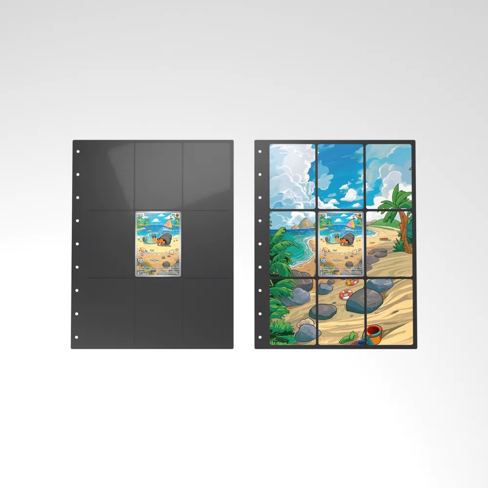 Before and after: the Dwebble card alone in an empty binder page, then surrounded by its eight extended-art cards