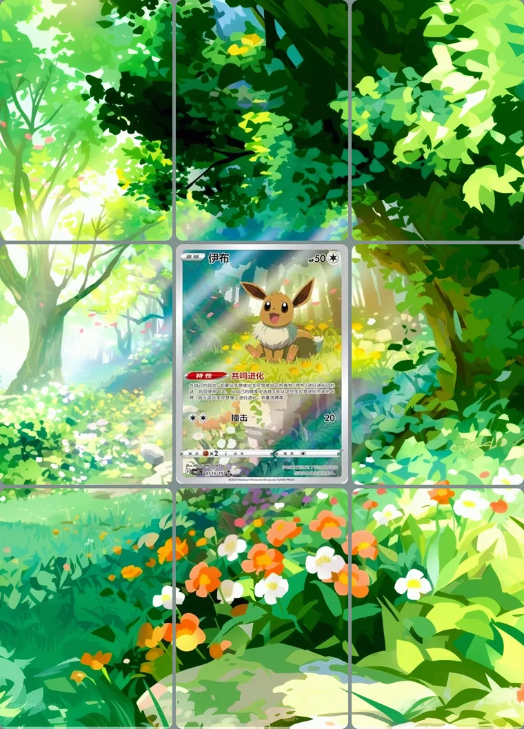 Eevee 115/15 extended binder art: the card in the centre of a 3×3 binder page, its artwork continuing across the eight cards around it