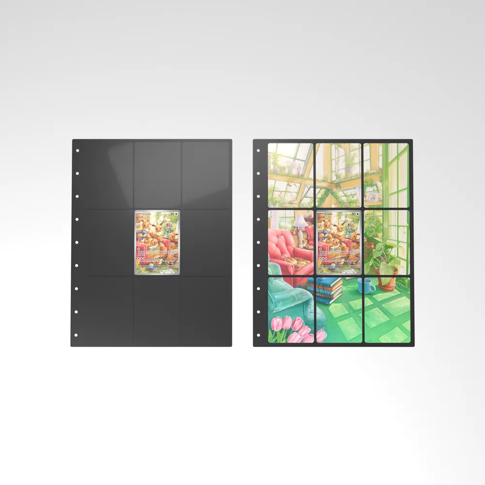 Before and after: the Eevee card alone in an empty binder page, then surrounded by its eight extended-art cards