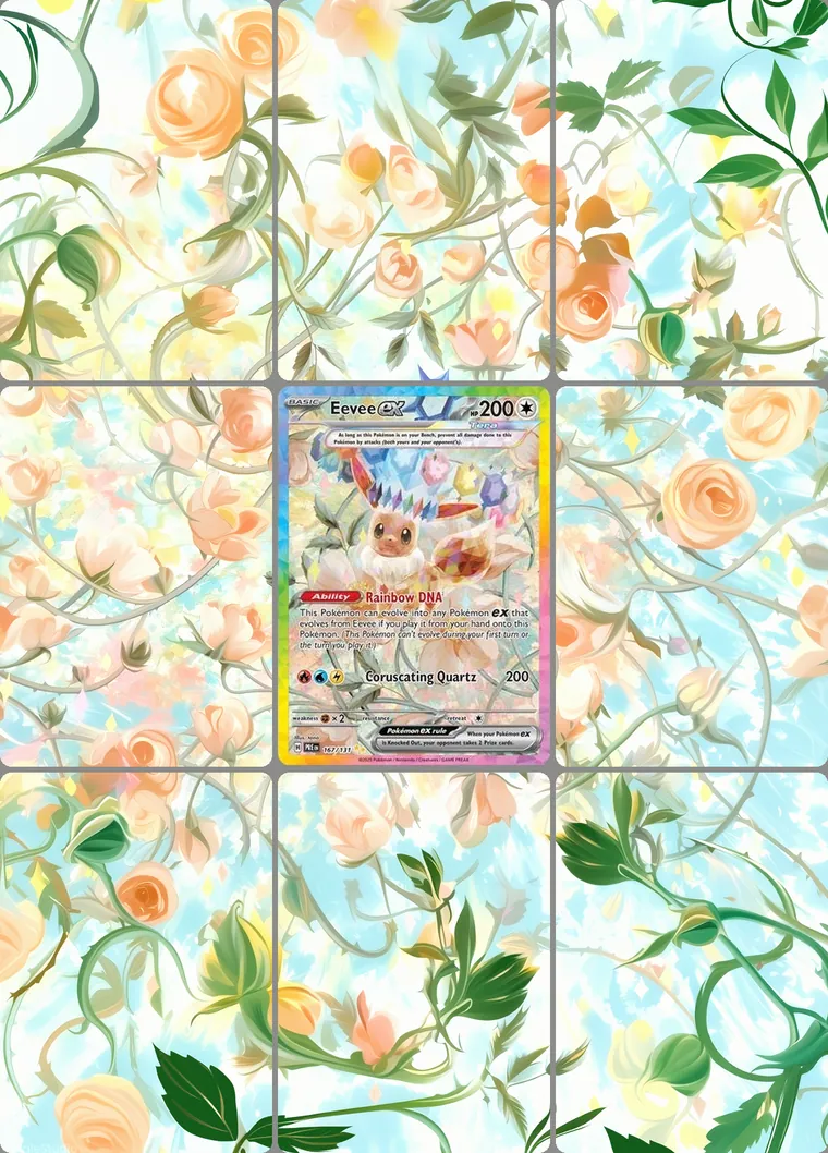 Eevee ex 167/131 extended binder art: the card in the centre of a 3×3 binder page, its artwork continuing across the eight cards around it