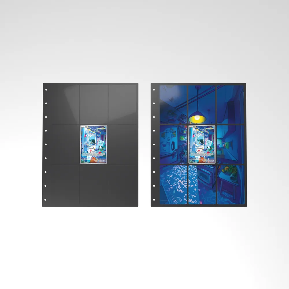 Before and after: the Eiscue card alone in an empty binder page, then surrounded by its eight extended-art cards