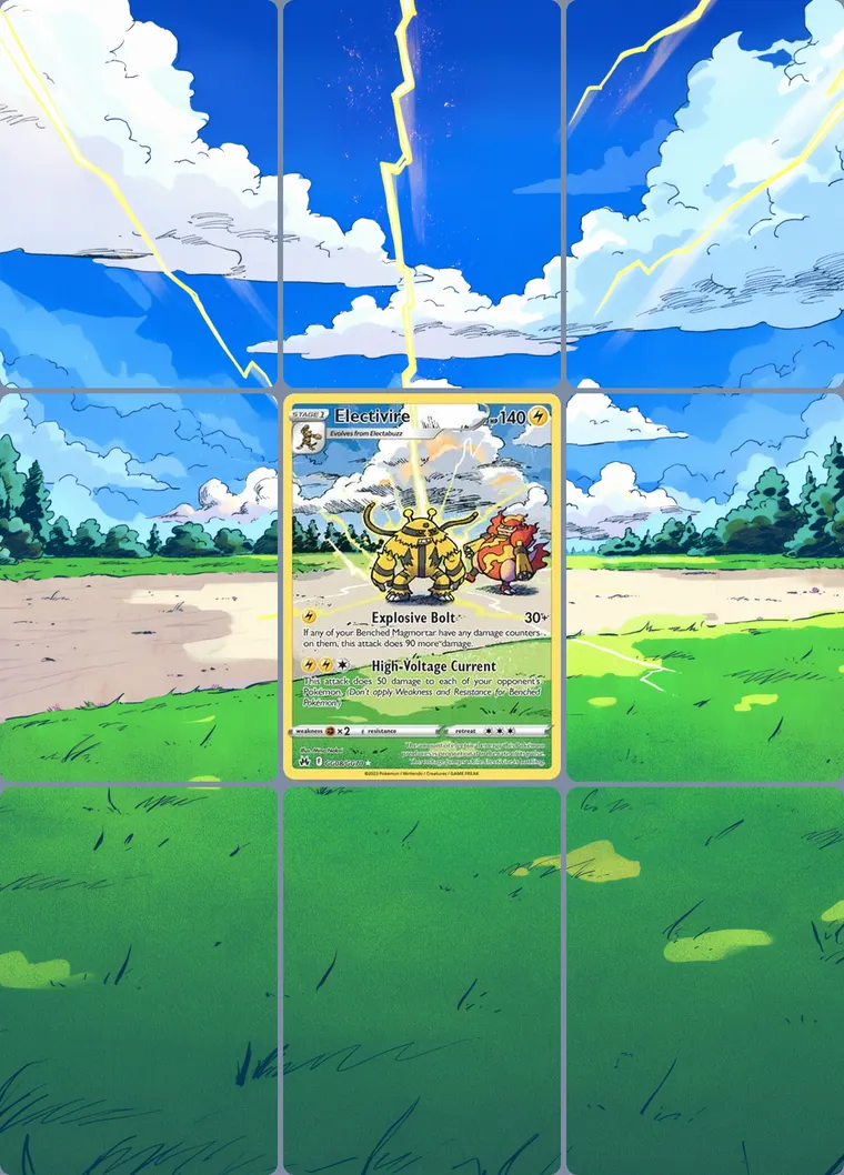 Electivire GG08/GG70 extended binder art: the card in the centre of a 3×3 binder page, its artwork continuing across the eight cards around it