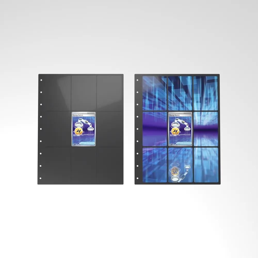 Before and after: the Energy Switch card alone in an empty binder page, then surrounded by its eight extended-art cards