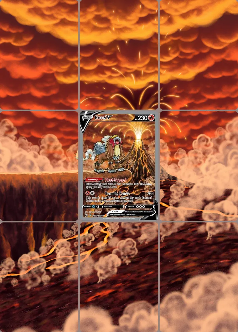 Entei V GG36/GG70 extended binder art: the card in the centre of a 3×3 binder page, its artwork continuing across the eight cards around it