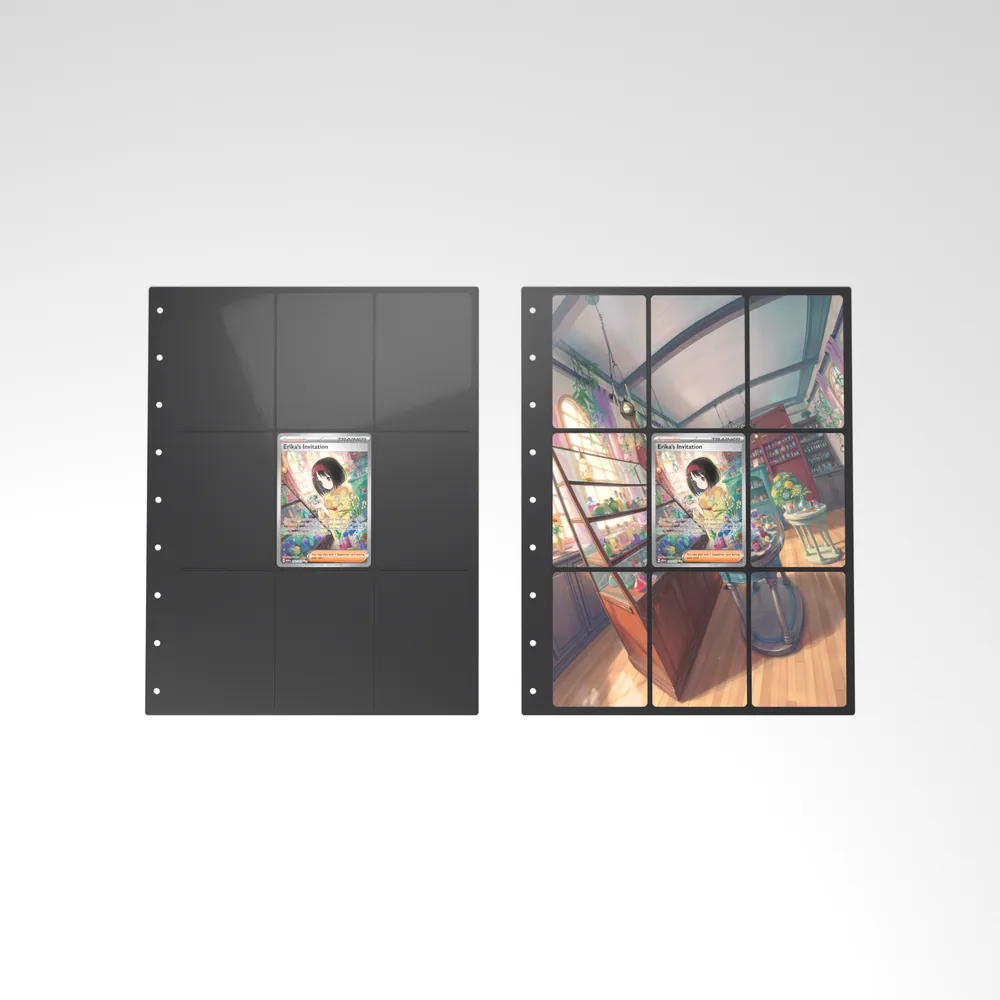 Before and after: the Erika's Invitation card alone in an empty binder page, then surrounded by its eight extended-art cards