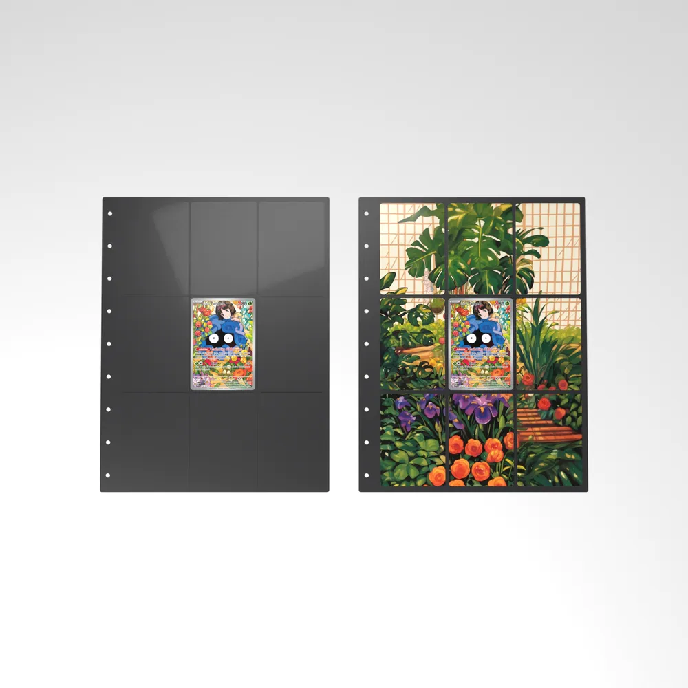 Before and after: the Erika's Tangela card alone in an empty binder page, then surrounded by its eight extended-art cards