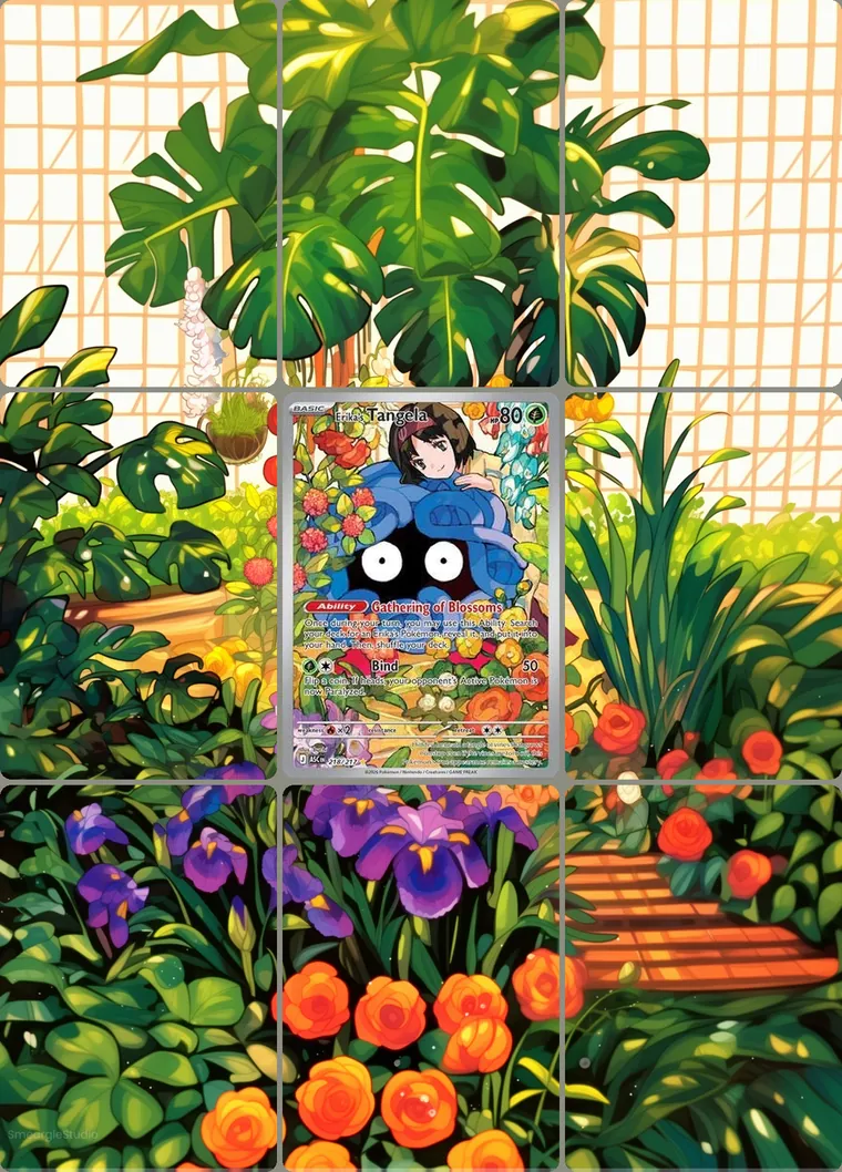 Erika's Tangela 218/217 extended binder art: the card in the centre of a 3×3 binder page, its artwork continuing across the eight cards around it