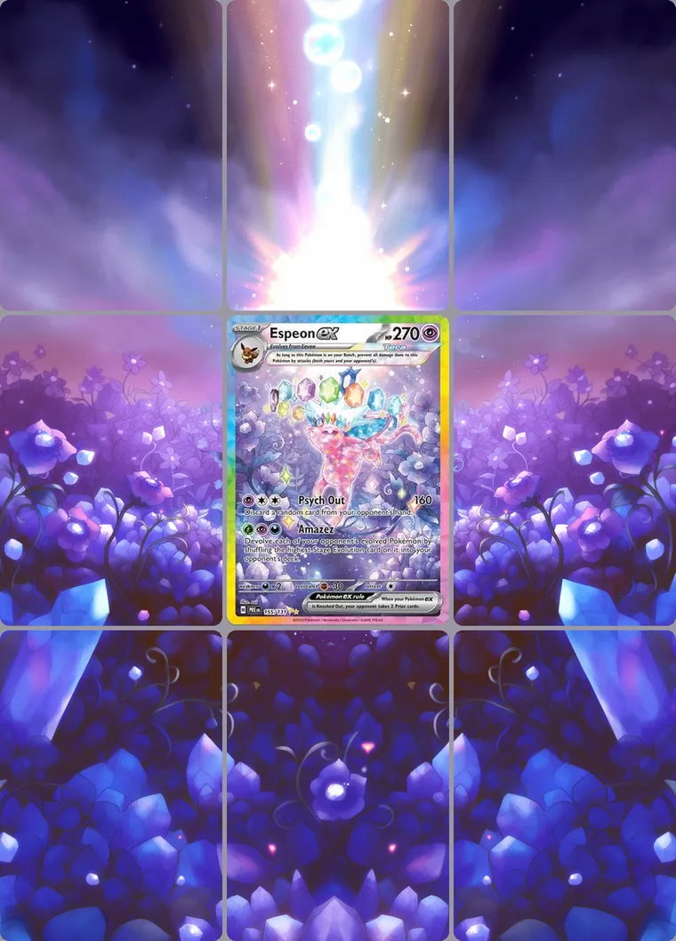 Espeon ex 155/131 extended binder art: the card in the centre of a 3×3 binder page, its artwork continuing across the eight cards around it