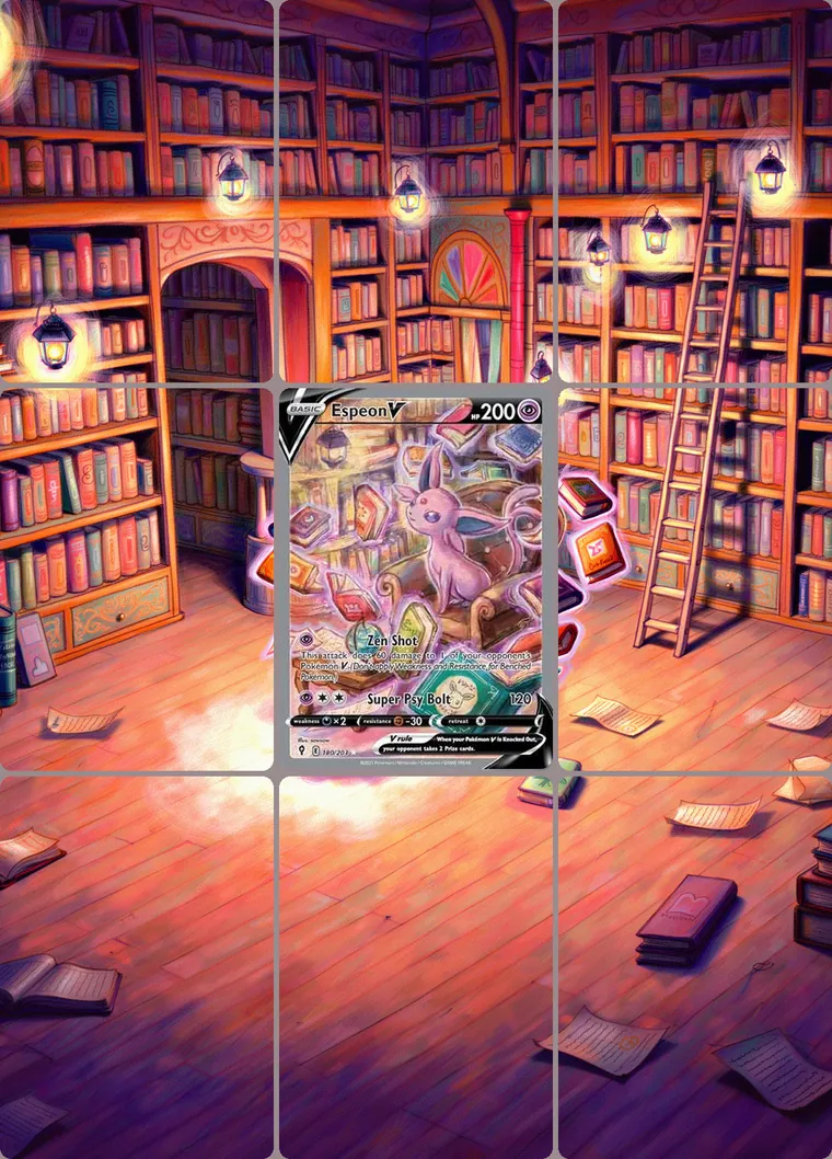 Espeon V 180/203 extended binder art: the card in the centre of a 3×3 binder page, its artwork continuing across the eight cards around it