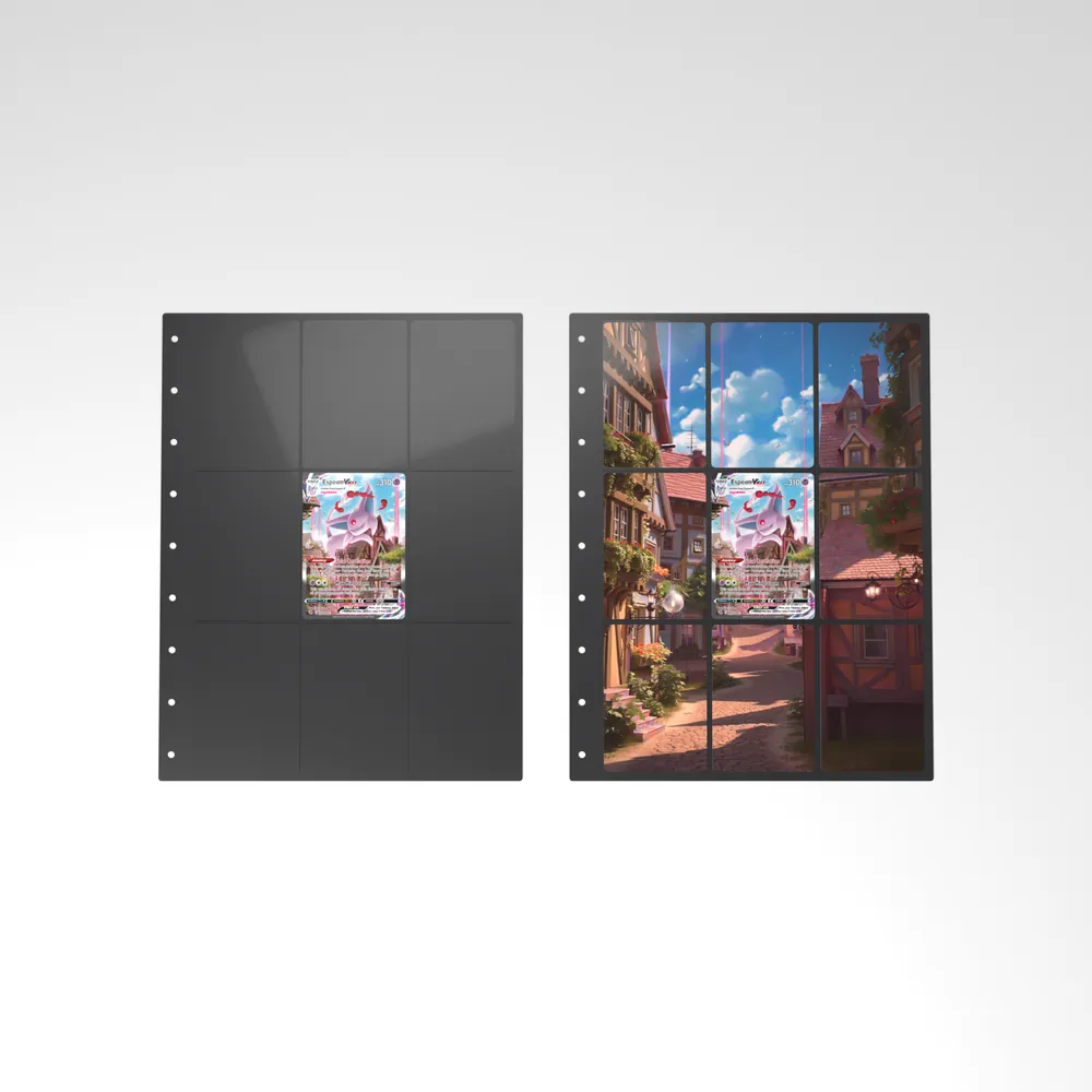 Before and after: the Espeon VMAX card alone in an empty binder page, then surrounded by its eight extended-art cards