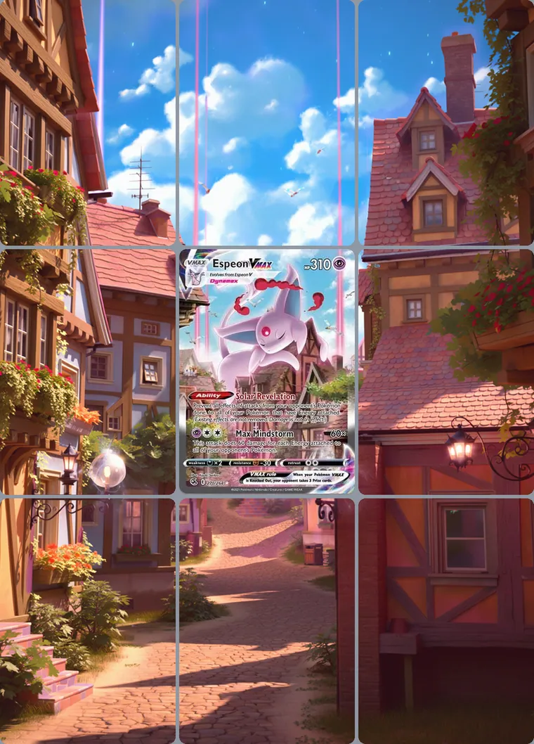 Espeon VMAX 270/264 extended binder art: the card in the centre of a 3×3 binder page, its artwork continuing across the eight cards around it