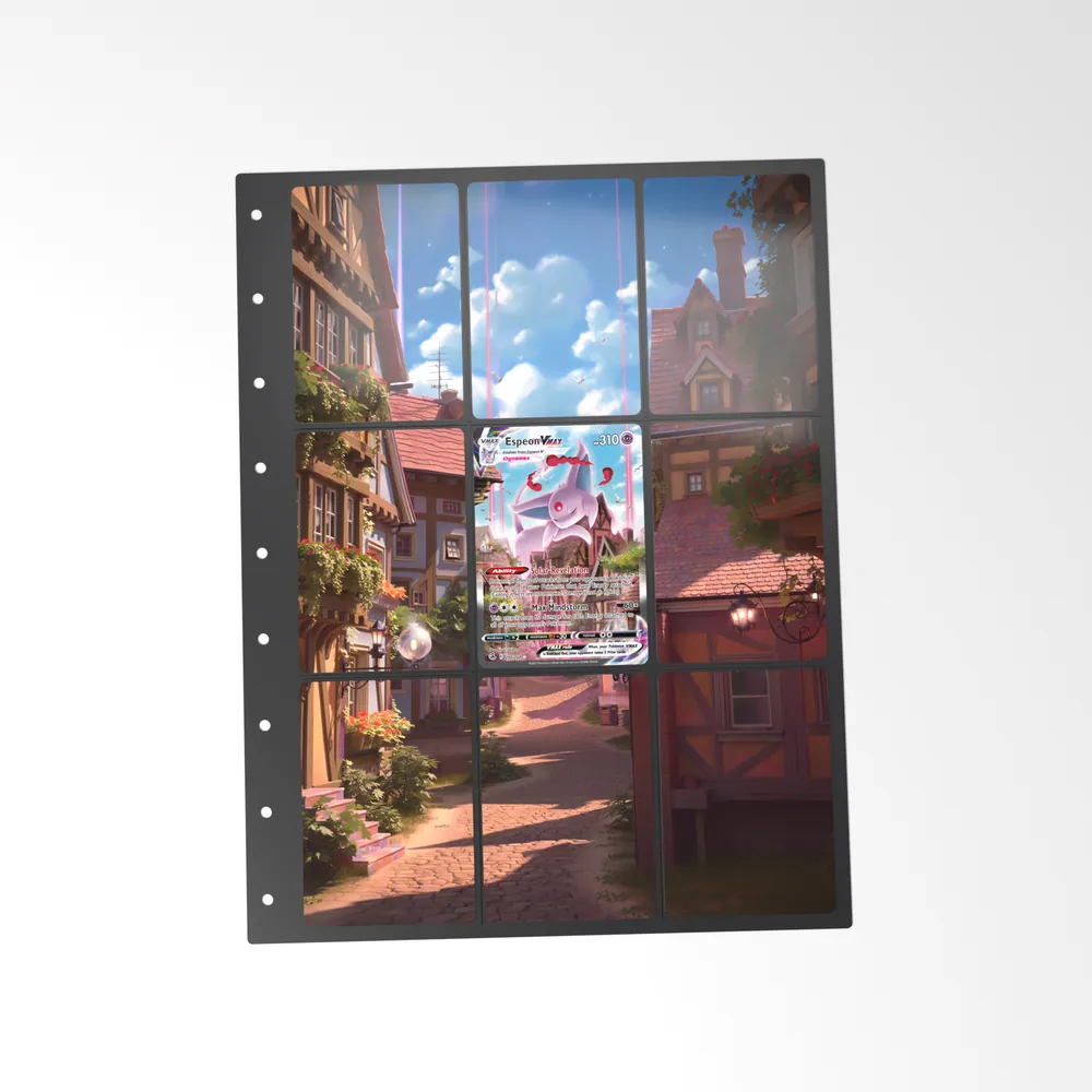The printed Espeon VMAX 270/264 set in a 9-pocket binder page, with the card in the centre pocket
