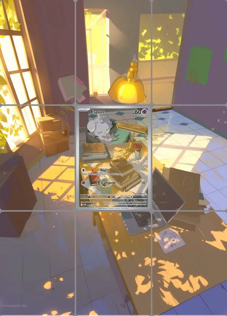 Espurr 95/88 extended binder art: the card in the centre of a 3×3 binder page, its artwork continuing across the eight cards around it