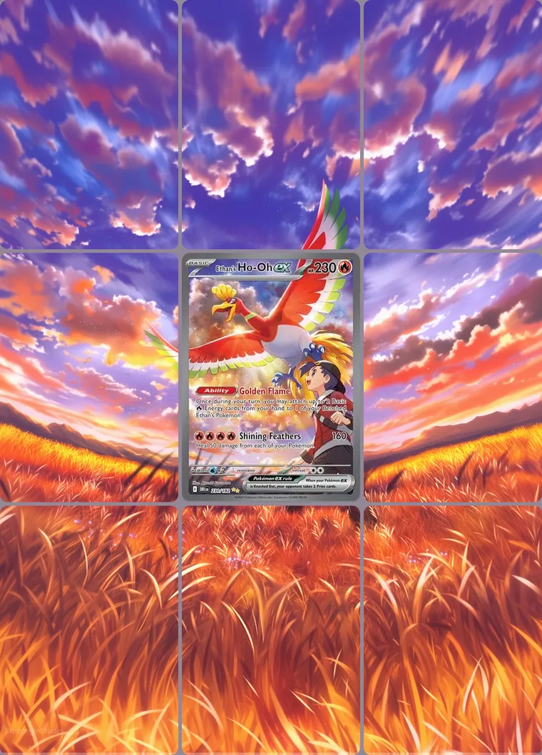 Ethan's Ho-Oh ex 230/182 extended binder art: the card in the centre of a 3×3 binder page, its artwork continuing across the eight cards around it