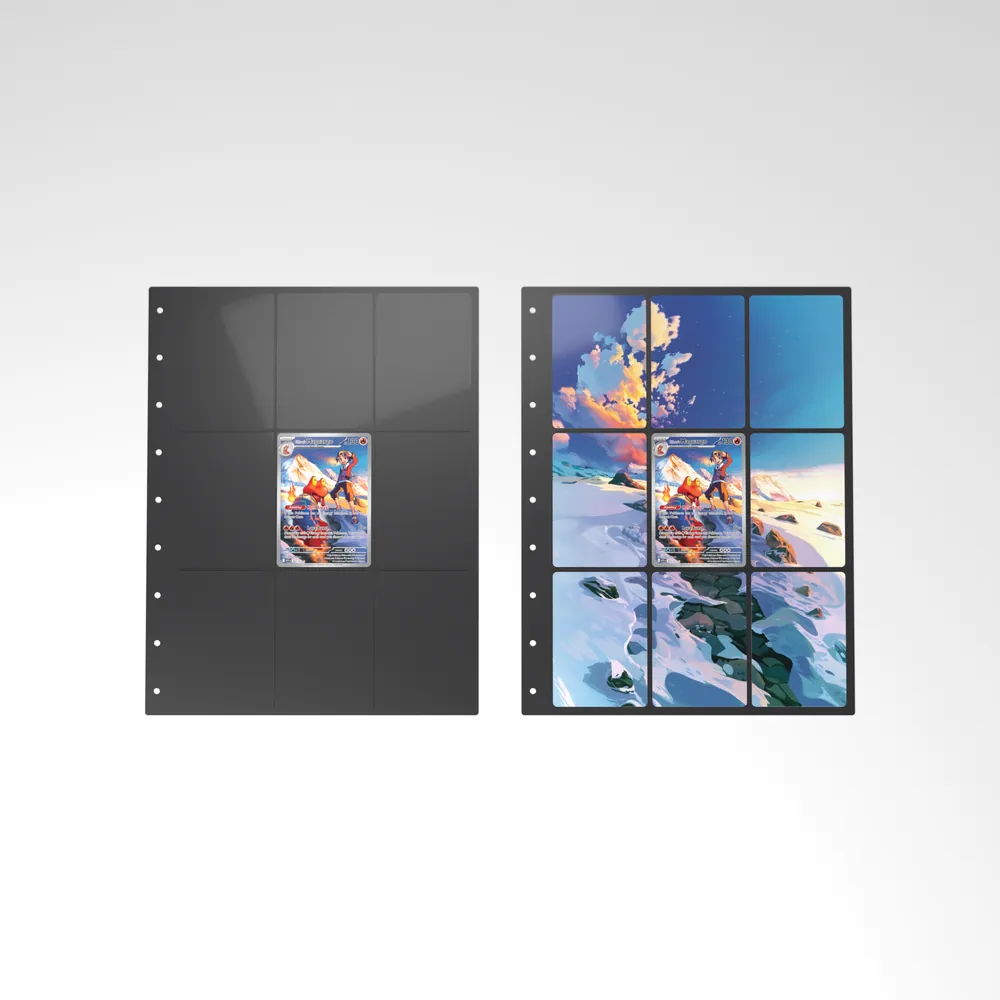 Before and after: the Ethan's Magcargo card alone in an empty binder page, then surrounded by its eight extended-art cards