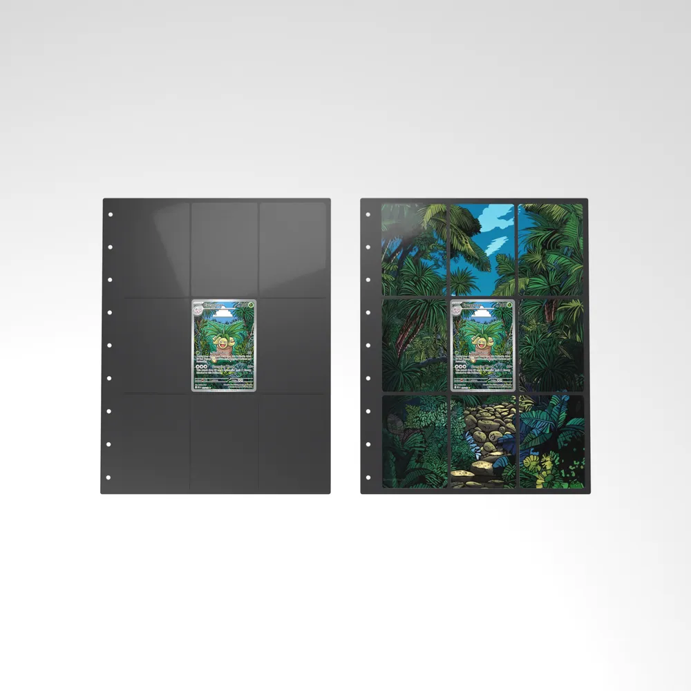 Before and after: the Exeggutor card alone in an empty binder page, then surrounded by its eight extended-art cards