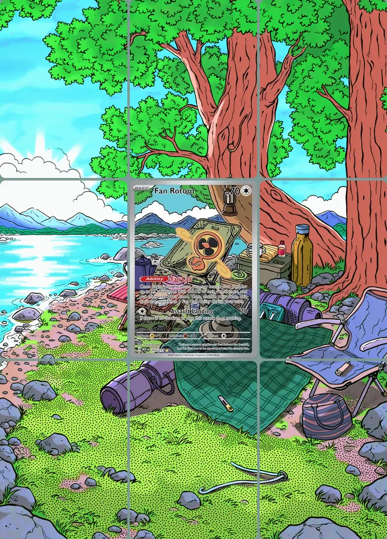 Fan Rotom 250/217 extended binder art: the card in the centre of a 3×3 binder page, its artwork continuing across the eight cards around it